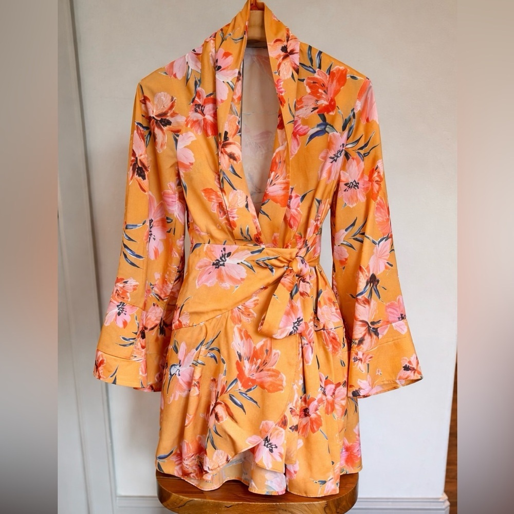 Floral Wrap Mini Dress in Mustard - Picture 5 of 8
